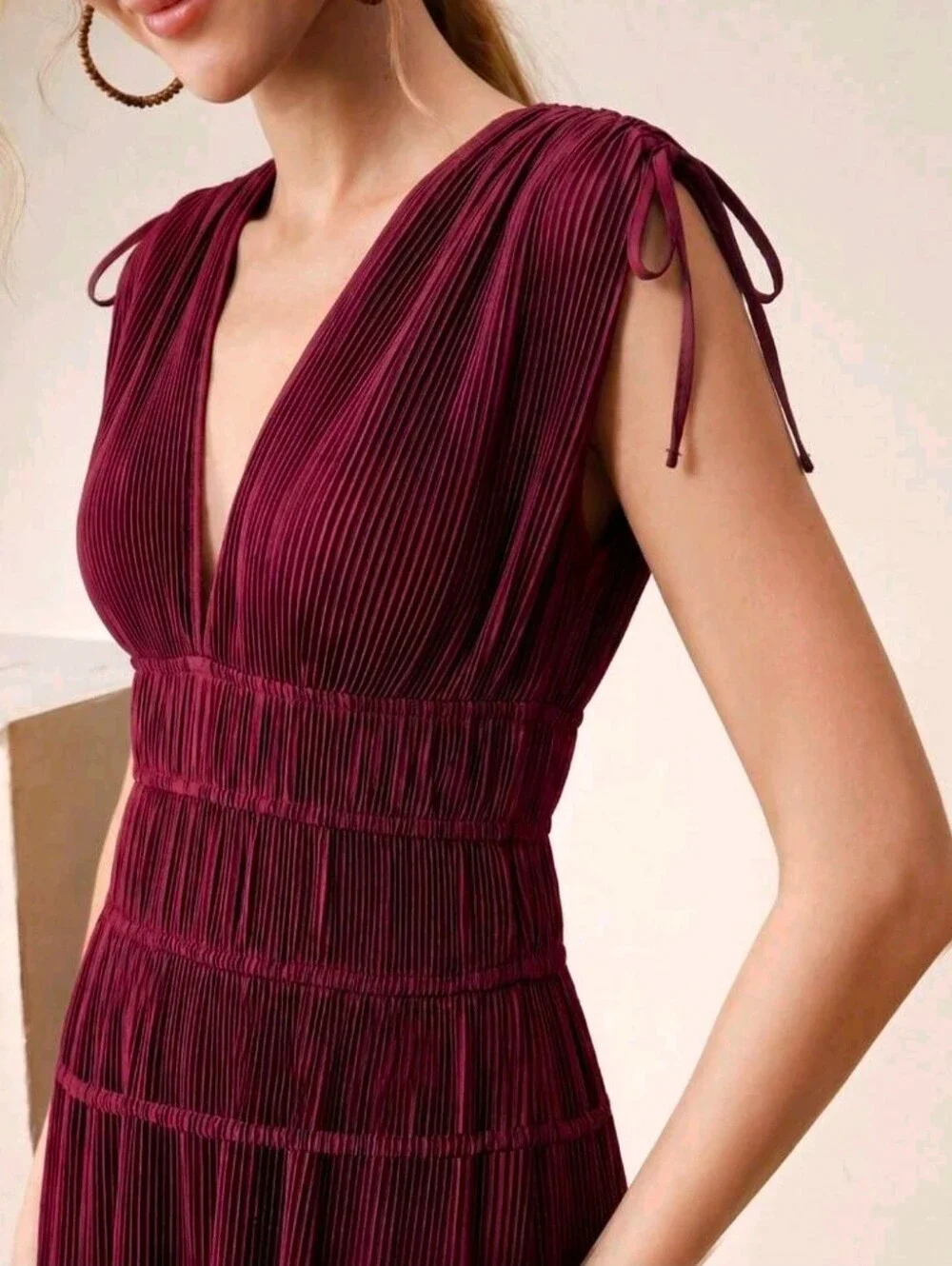 New Luxe Tie Shoulder Pleated Maxi Dress Sleeveless Burgundy Red